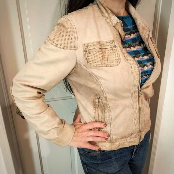 Vintage GIORGIO CUIRS Beige Leather Flight Jacket / Bomber, Sz 4 / 6 - Picture 3 of 16